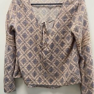 Elodie Beige and Navy Geometric Tie-Front Peasant Blouse